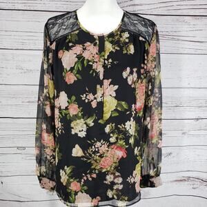 Vince Camuto Black Floral Lace Sheer Sleeve Top Size Large